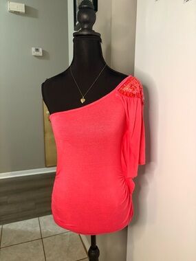 Women’s One-Shoulder Neon Pink Top with Embellished Shoulder